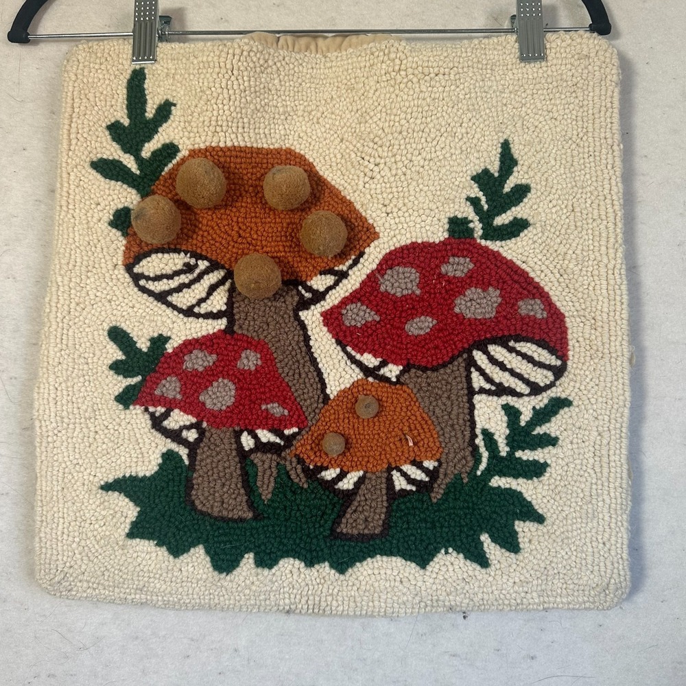 Vintage Hooked Wool Mushroom Pillow Cover 16" Square 3D Pom Poms Cottagecore